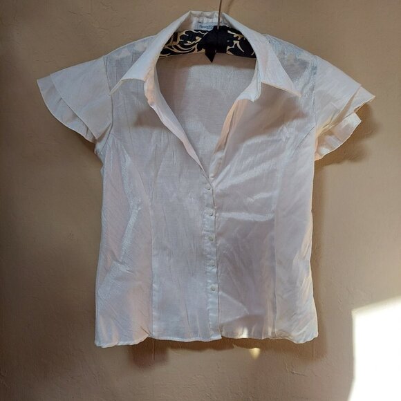 Flatiron Workshop Women Cotton Blend Button Down Shirt Top Blouse Flutter Sleeve - Picture 1 of 6